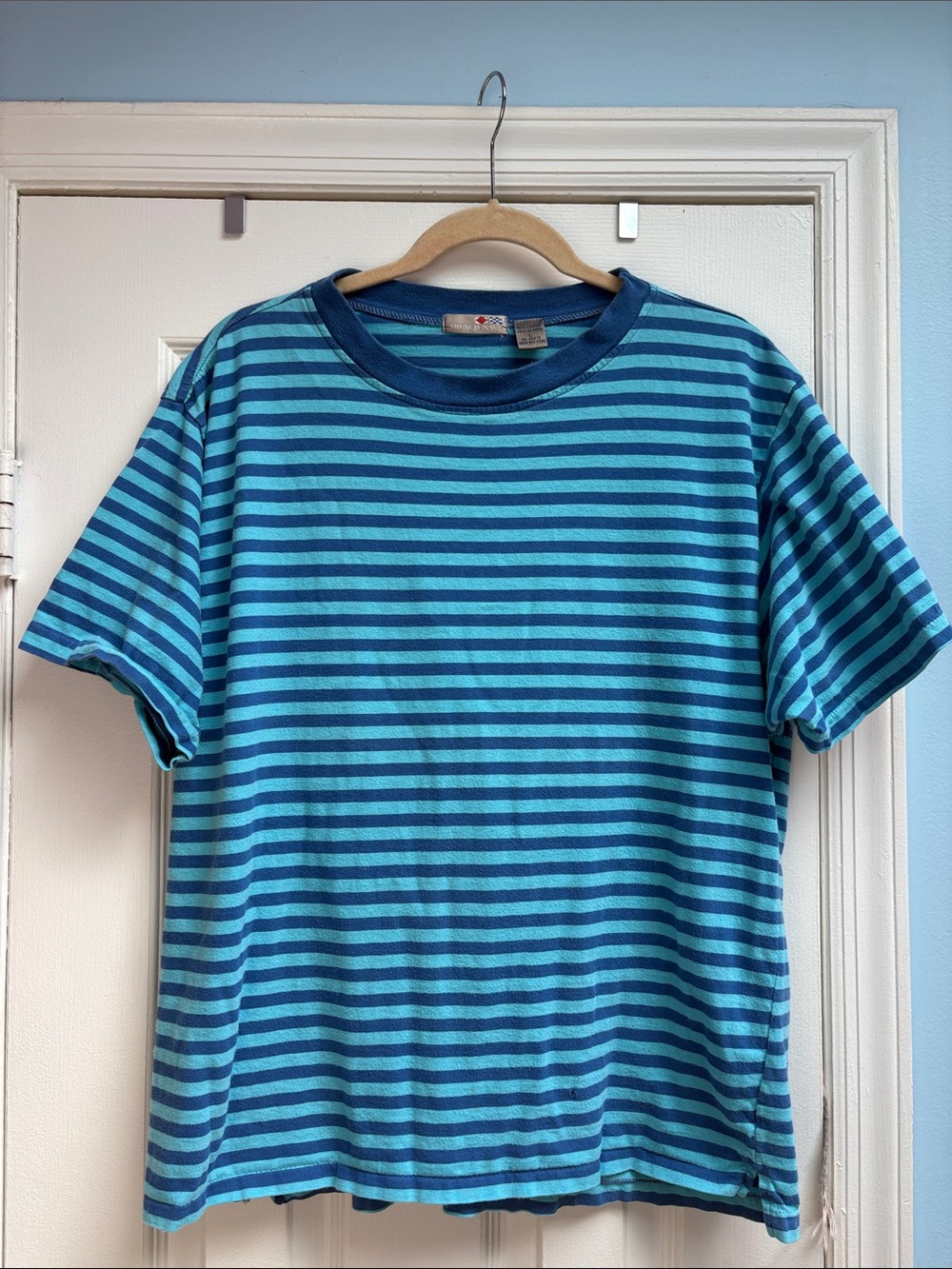 VTG 80s /90s French Navy Blue Striped T-Shirt Single Stitch Distressed Men's L !